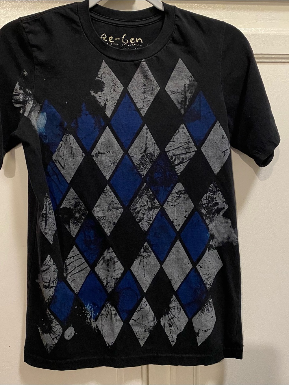 Men's Black Short Sleeve Graphic Tee with Blue & Gray Argyle